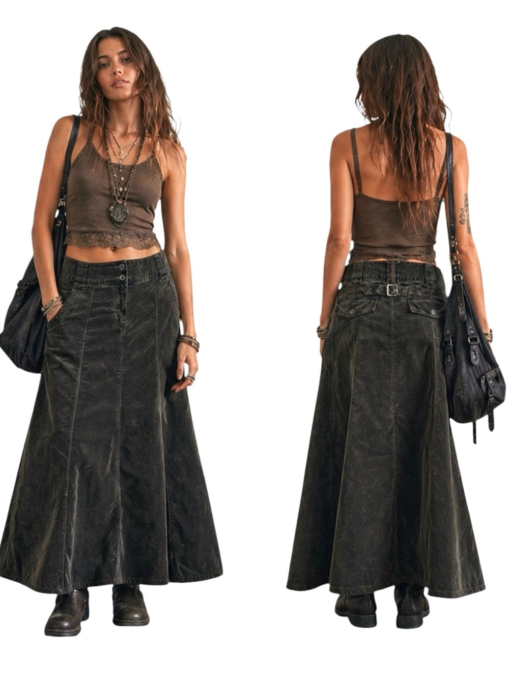 Y2K CAbi Maxi Corduroy Skirt in Distressed Olive Women’s 10 Boho Grunge Prairie